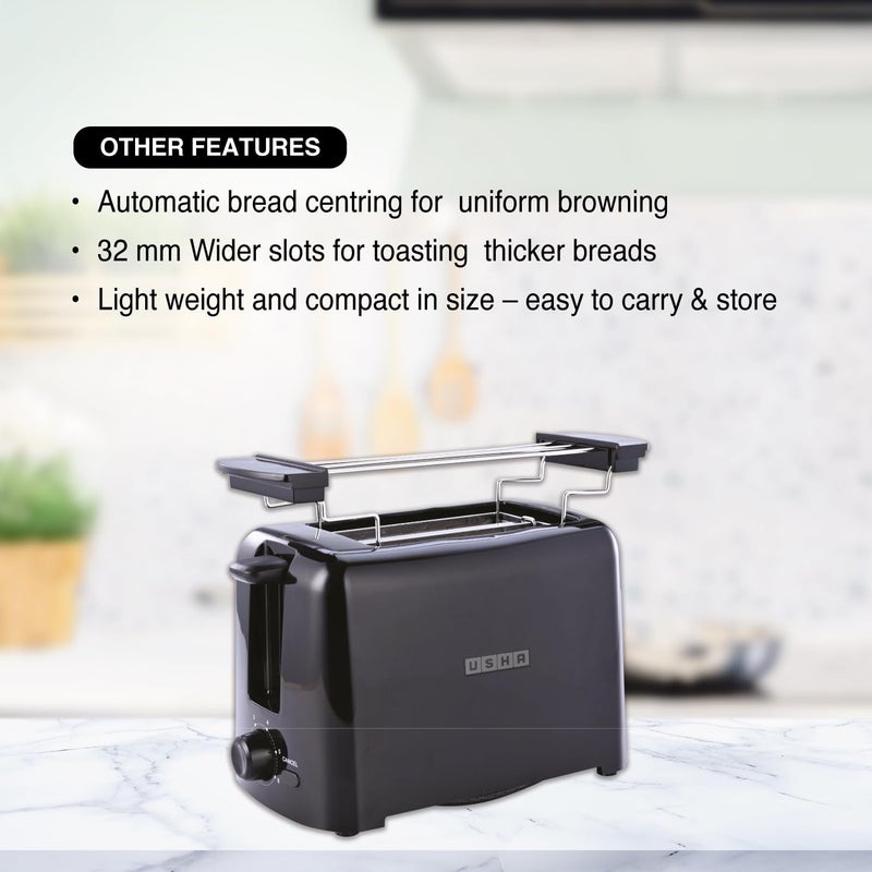 Usha iToast 2 Slice Pop Up Toaster | 750 watts | 6 Browning Settings | Cool Touch Body | Croissant/Bun Warmer | Automatic Bread Centering for Uniform Browning | 2 Years Warranty (Black) - Image 2