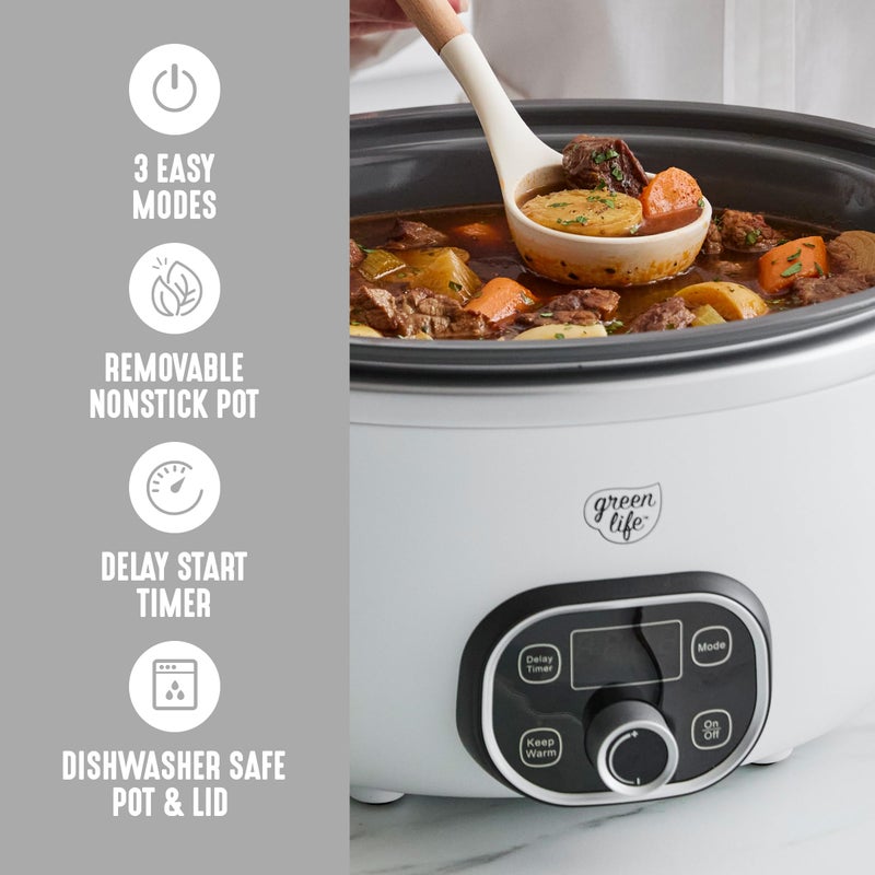GreenLife طباخ بطيء GreenLife سعة 6QT، وعاء داخلي قابل للإزالة من السيراميك غير السام وخالي من PFAS، قابل للبرمجة، مناسب للعائلة، وظيفة الاحتفاظ بالحرارة، آمن للاستخدام على الموقد وفي الفرن، آمن في غسالة الصحون، مزود بمؤقت، غطاء زجاجي، أبيض - Image 4