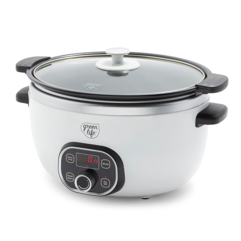 GreenLife طباخ بطيء GreenLife سعة 6QT، وعاء داخلي قابل للإزالة من السيراميك غير السام وخالي من PFAS، قابل للبرمجة، مناسب للعائلة، وظيفة الاحتفاظ بالحرارة، آمن للاستخدام على الموقد وفي الفرن، آمن في غسالة الصحون، مزود بمؤقت، غطاء زجاجي، أبيض - Image 1
