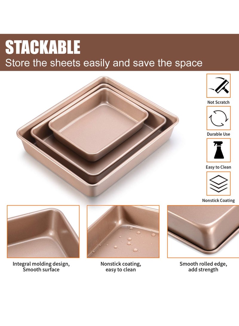 Bluejw 3 Piece Deep Baking Pans Sets Nonstick Baking Sheets For Oven,Bakeware Rectangular Cake Pan Set Gold - Image 4