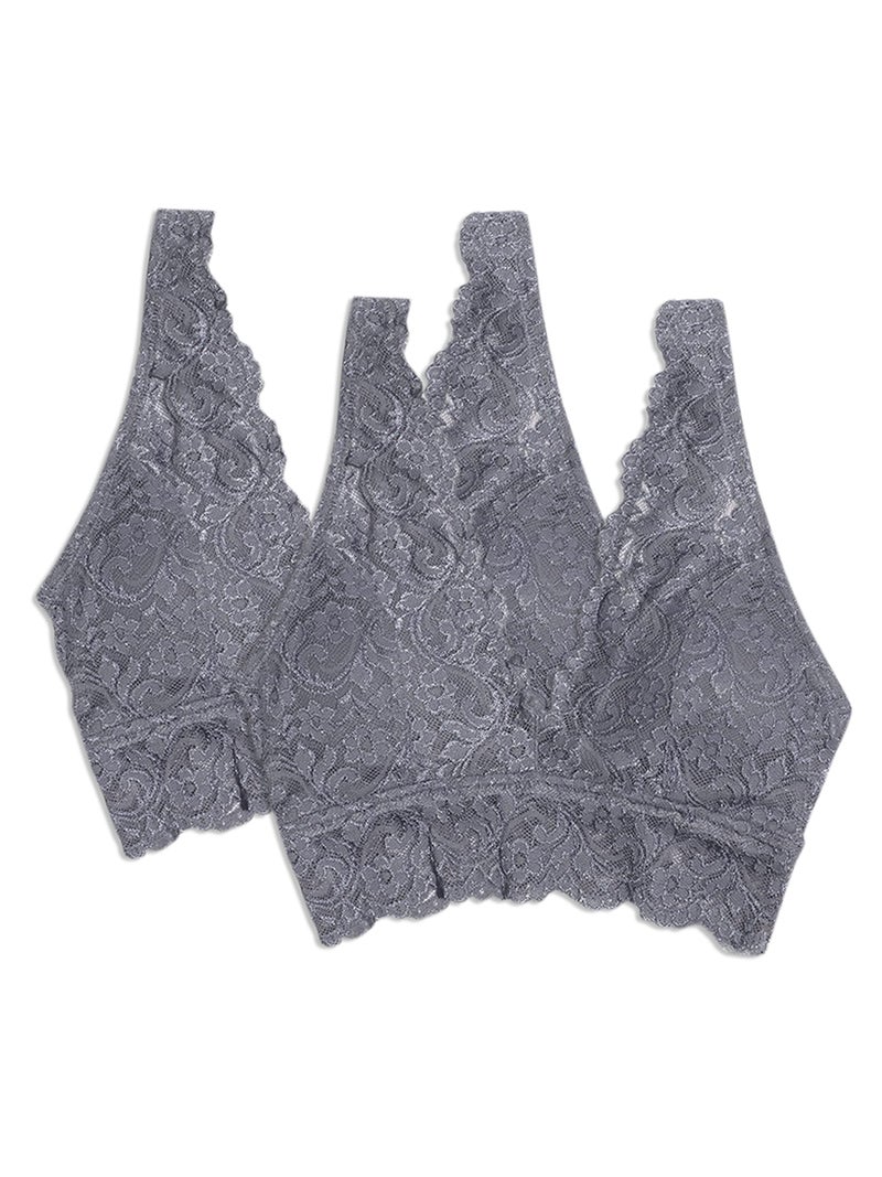 Wirefree Soft Bra: Dark Gray Small, Deep V-Neck V-Back Scalloped Lace Brims, Full-Coverage Underwire-Free Cups, Wide Non-Roll Below-Bust Brim - Slim Fit Up To 3XL for Sleep Yoga Daily Wear - Image 1