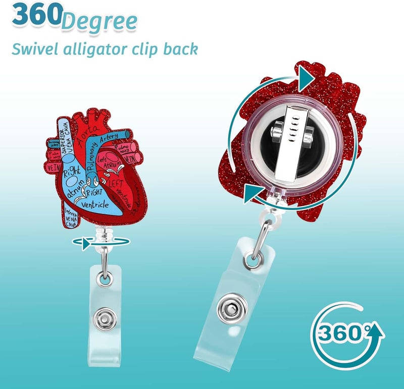 Dimeho Cardiac Badge Holder Heart Retractable Reel ID Card Clip Anatomy Funny Nurse Name Tag Holder Pediatrics Nursing Badge Alligator Clips for Doctor Student Teacher Medical Assistant - Image 3