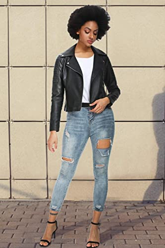 Fahsyee Women's Faux Leather Jackets, Zip Up Motorcycle PU Moto Biker Outwear Fitted Slim Coat Black Size L - Image 5
