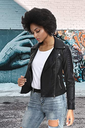 Fahsyee Women's Faux Leather Jackets, Zip Up Motorcycle PU Moto Biker Outwear Fitted Slim Coat Black Size L - Image 3