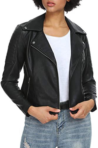Fahsyee Women's Faux Leather Jackets, Zip Up Motorcycle PU Moto Biker Outwear Fitted Slim Coat Black Size L - Image 1