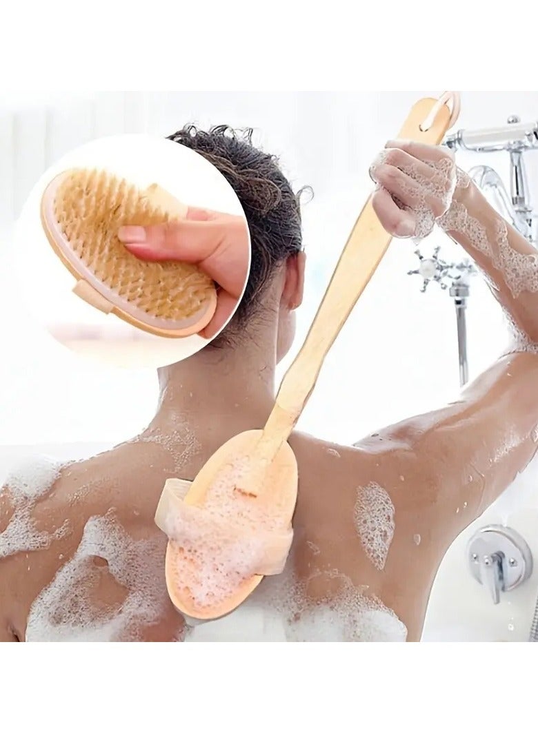 أوريتي مقبض طويل خشبي لفرك الجسم فرشاة الاستحمام مقبض قابل للفصل جاف ورطب تدليك الجسم أداة تقشير، مقبض طويل خشبي سهلة الاحتكاك الخلفي، فرشاة حمام الجسم الجافة - Image 2