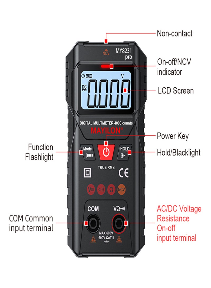 MAYILON Digital Multimeter Multi Tester with NCV Non-Contact Voltage Detection TRMS 4000 Counts Automatic/Manual Measurement Mode Backlit LCD Display Data Hold Function Measure AC DC Voltage - Image 4