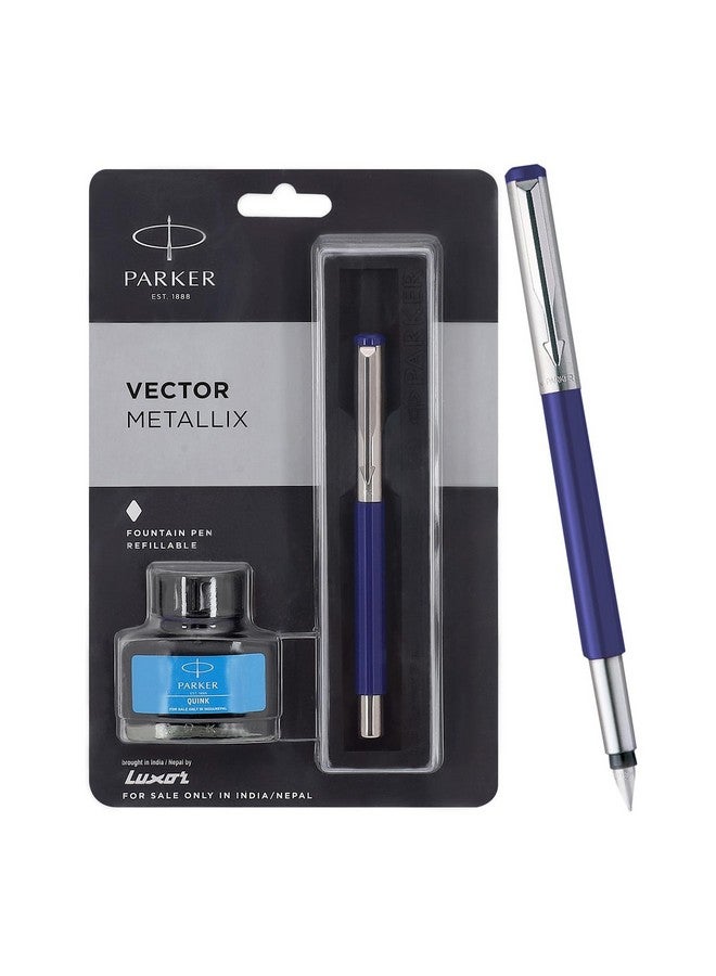 PARKER Vector Metallix Fountain Pen (Fine Nib) | Blue Body Color With Quink Ink Bottle | Gifts For Employees | Perfect For Corporate Use - Image 1