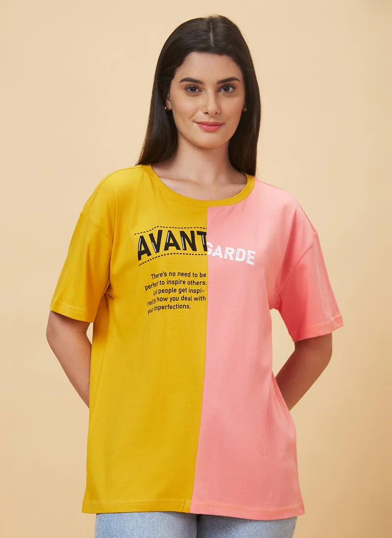 globus Globus Women Mustard Yellow & Pink Colourblocked Boxy Fit Pure Cotton T-Shirt