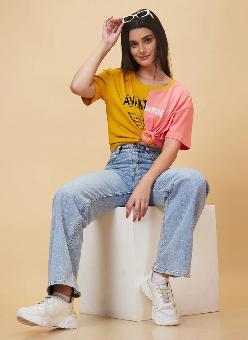 globus Globus Women Mustard Yellow & Pink Colourblocked Boxy Fit Pure Cotton T-Shirt