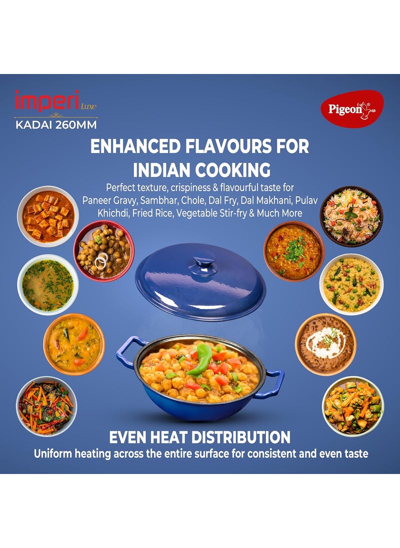 pigeon Pigeon by Stovekraft Cast Iron Kadai with Cast Iron Lid | Medium, 26 cm | Enamel Coated | Luxurious Mirror Finish | Toxin-Free | High Pressure Casting | Cook with Style, Elegance & Comfort  - Image 2