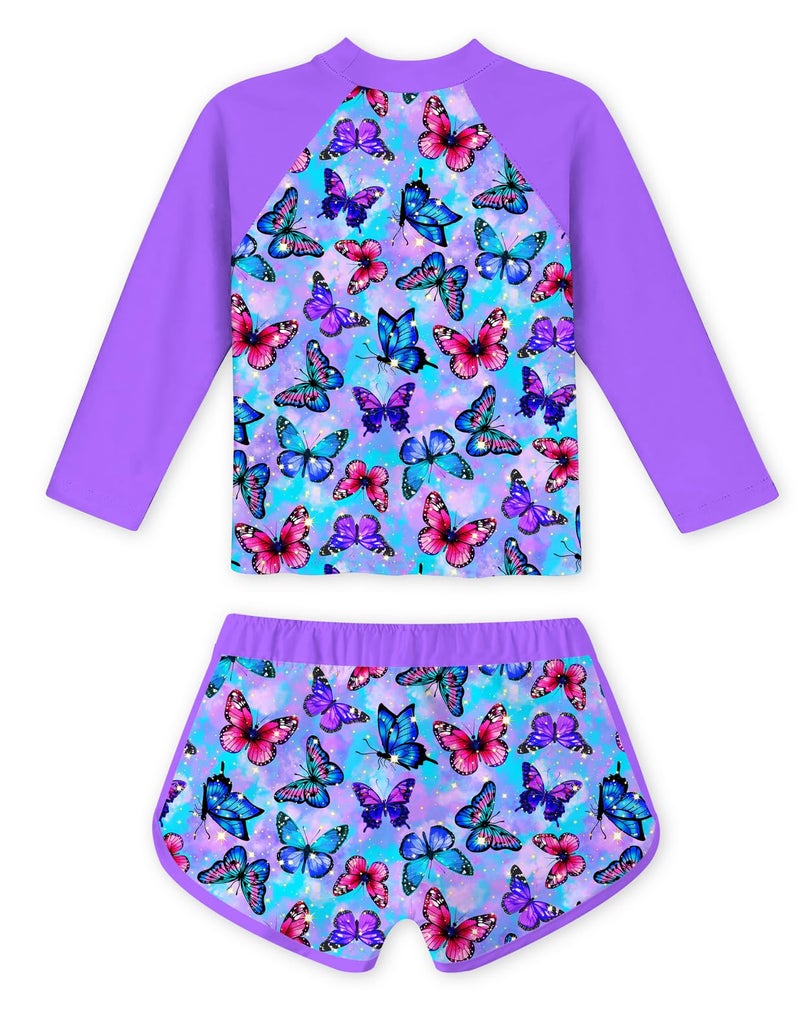 Vogseek 4t Girls 2-Piece Swimsuit UV Protective Purple Butterflies Swimming Suits Long Sleeve Top and Swim Shorts Two Pieces Set for 4 Year Old Girl Bathing Suit - Image 2