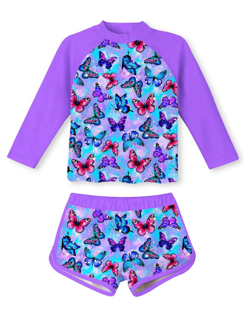 Vogseek 4t Girls 2-Piece Swimsuit UV Protective Purple Butterflies Swimming Suits Long Sleeve Top and Swim Shorts Two Pieces Set for 4 Year Old Girl Bathing Suit - Image 5