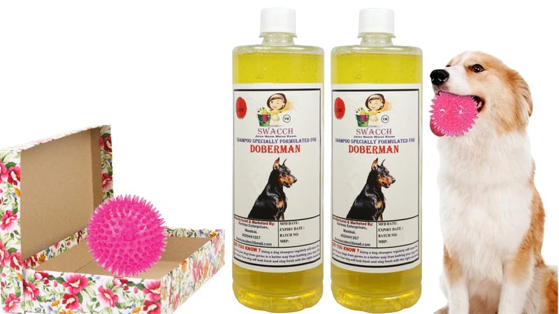 swacch Shampoo | Puppy Safe Shampoo | PH Balanced | Ditch to Itch for Doberman Dog Shampoo 2 Litre (Lemon) + Spike Ball Chew Toy Combo Pack - Image 1