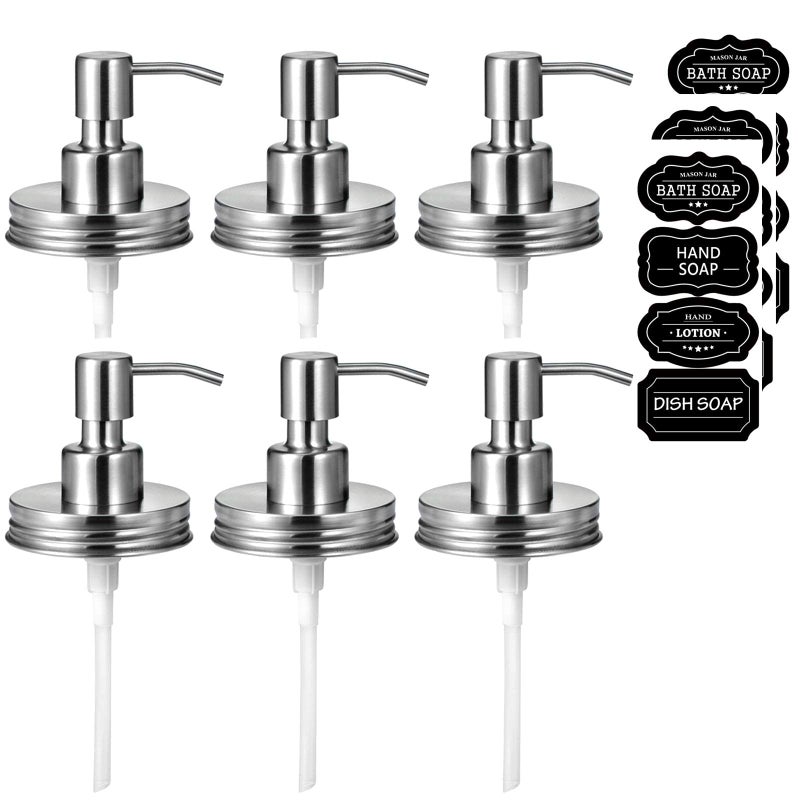 Amolliar Mason Jar Liquid Soap Dispenser Lids 304 Stainless Steel Pump16oz Regular Mouth Mason Jar Rustic Farmhouse Decor Hand SoapDish Soap Lotion Soap Brushed Nickel6 Pack Extra 3 Long Tubes