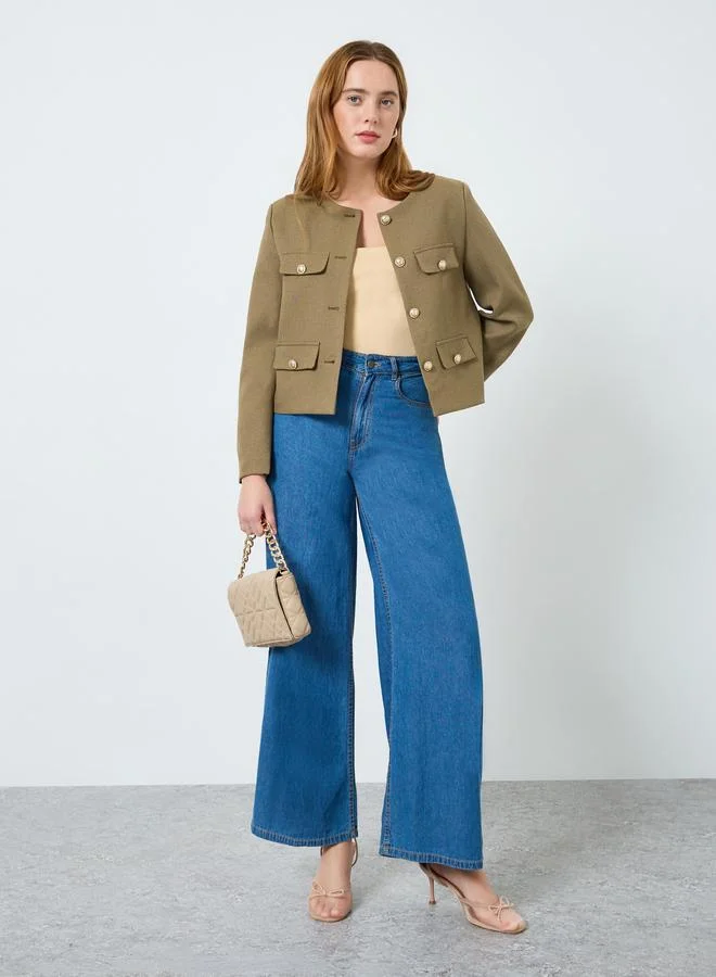 Take Two Women Solid Button Up Round Neck Coat