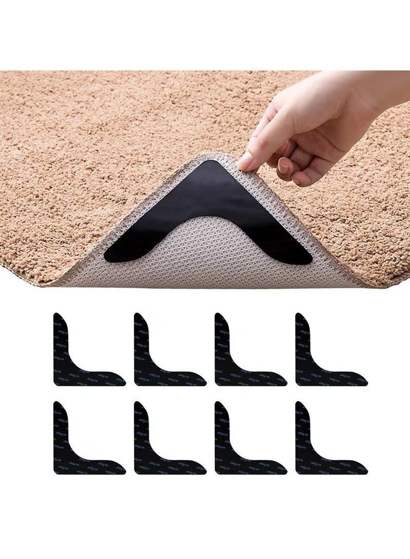 Black L Shape Rug Gripper Rug Tape 8 Pcs Double Sided Anti Curling Non Slip Reusable Rug Pad for Hardwood Floors, Carpets, Floor Mats in Place & Make Corner Flat and Easily Peel Off  - Image 1