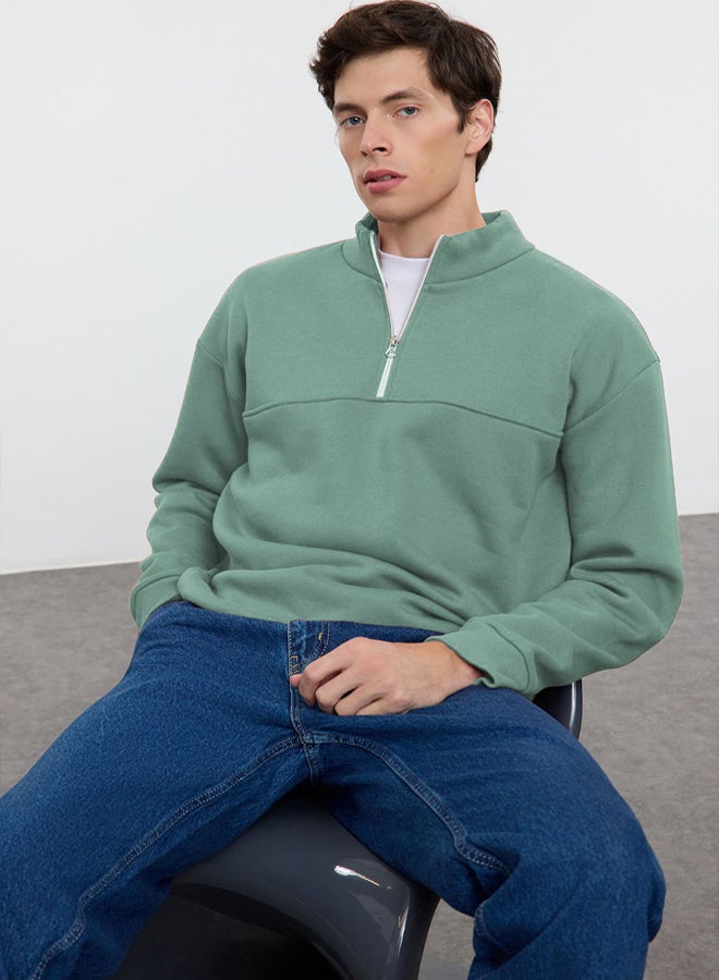 trendyol Mint Oversize/Wide Cut Stand Collar Zippered Inside Polar Fleece/Warm Basic Sweatshirt TMNAW25SW00031 - Image 2