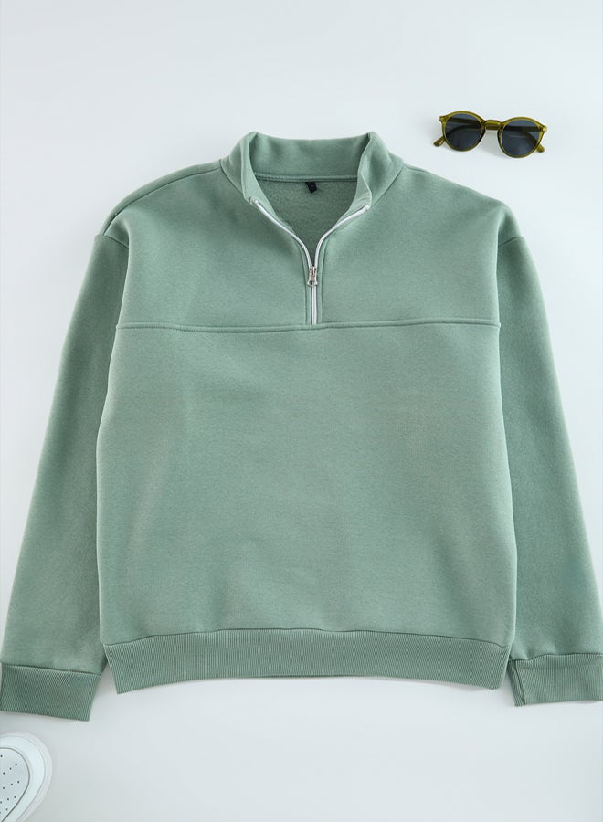trendyol Mint Oversize/Wide Cut Stand Collar Zippered Inside Polar Fleece/Warm Basic Sweatshirt TMNAW25SW00031 - Image 5