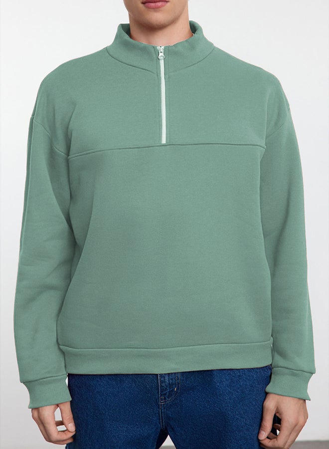 trendyol Mint Oversize/Wide Cut Stand Collar Zippered Inside Polar Fleece/Warm Basic Sweatshirt TMNAW25SW00031 - Image 4