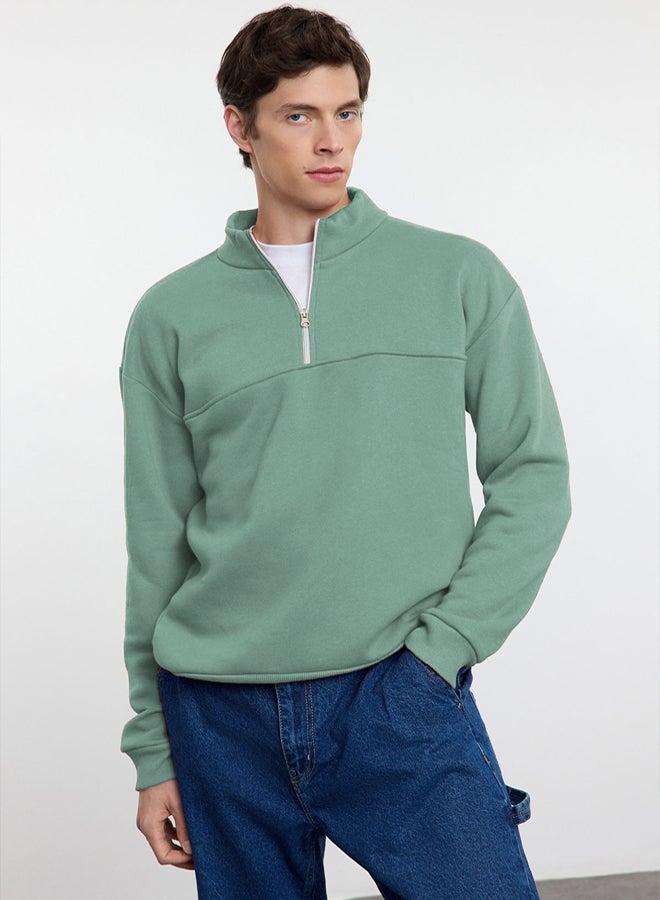 trendyol Mint Oversize/Wide Cut Stand Collar Zippered Inside Polar Fleece/Warm Basic Sweatshirt TMNAW25SW00031 - Image 1