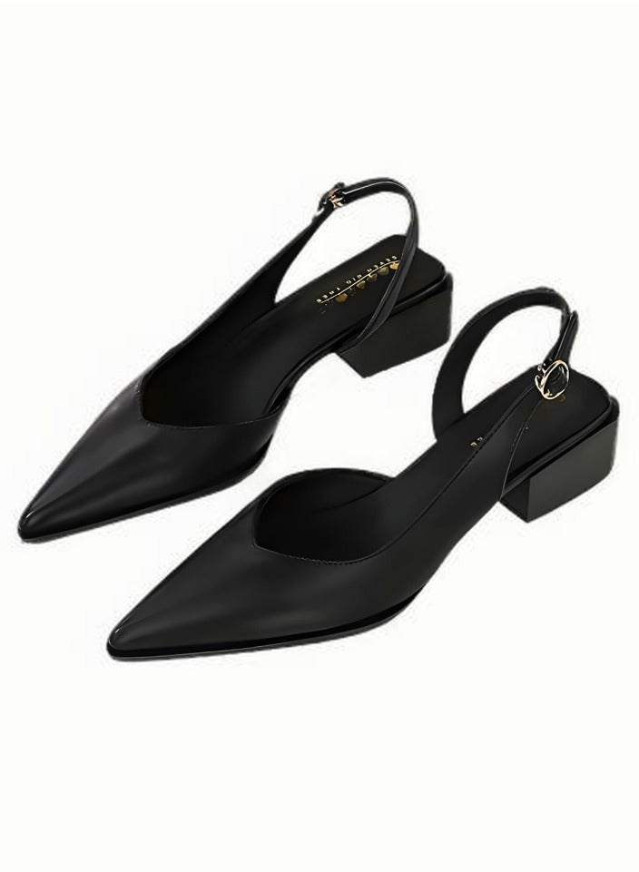 بيج تري أحذية الكعب منخفضة الكتلة للمرأة مع حزام الكاحل مغلق صنادل إصبع القدم الأسود - Image 1