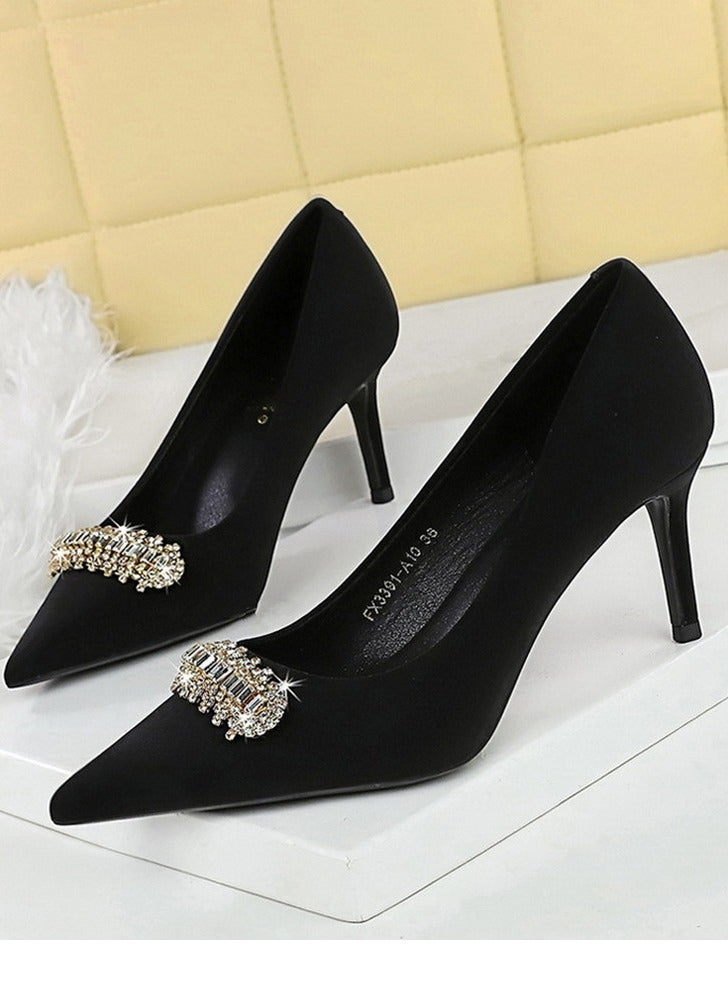 BIGTREE Women's Closed Pointed Toe High Heels Rhinestone Decoration Stiletto Pumps Black 7CM - Image 1