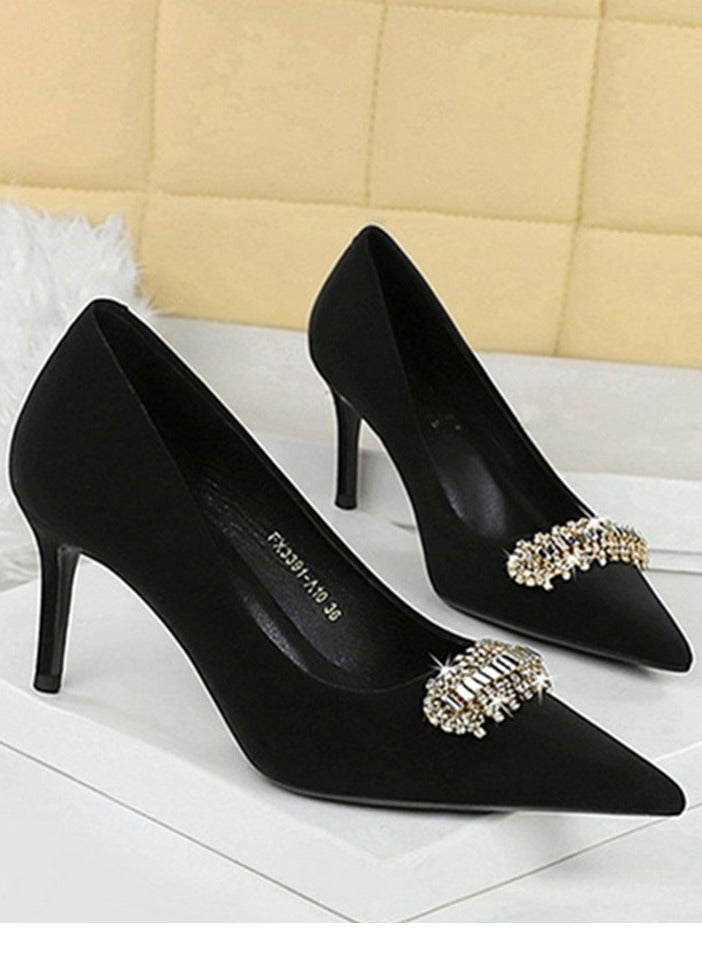 BIGTREE Women's Closed Pointed Toe High Heels Rhinestone Decoration Stiletto Pumps Black 7CM - Image 2