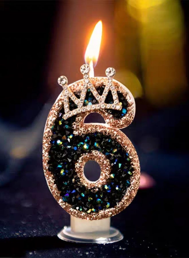Ssovi Royal Crown Number [6] Birthday Candle, 3D Glitter Black & Gold Rhinestone Cake Topper with Holder, Smokeless Single Metallic Decoration for Party & Anniversary - 1 Piece - Image 1