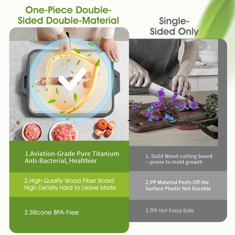 GUANCI Titanium Cutting Board for Kitchen, Double Sided Pure Titanium and Wood Fiber Cutting Board with Juice Groove, Food Grade Material, for Chopping Meat/Vegetables/Fruit Dishwasher Safe 16"Ã—11" - Image 5