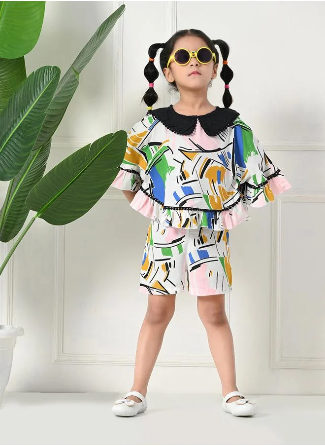 بيلا مودا Bella Moda Printed Ruffled Hem Round Neck Top and Shorts Set