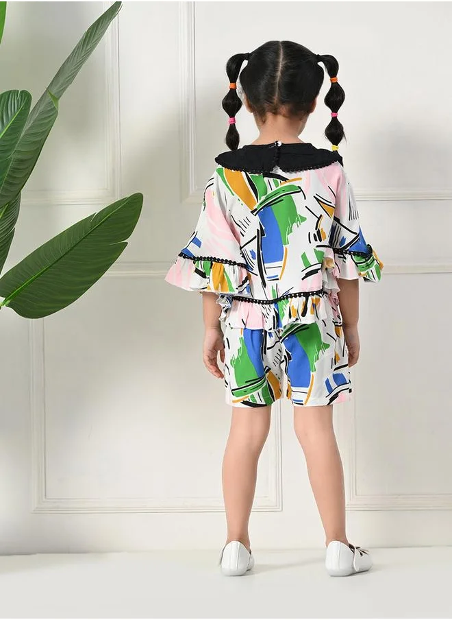 بيلا مودا Bella Moda Printed Ruffled Hem Round Neck Top and Shorts Set