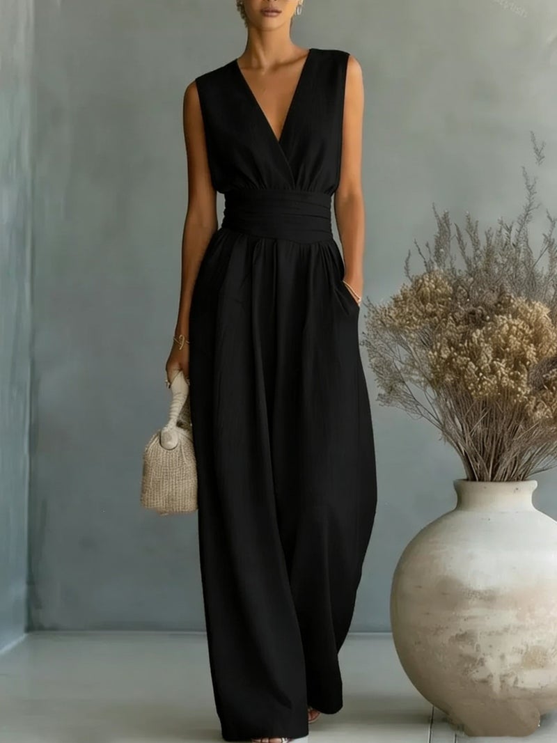 2026 European and American Cross-Border Spring/Summer New Elegant High-Waisted V-Neck Jumpsuit
