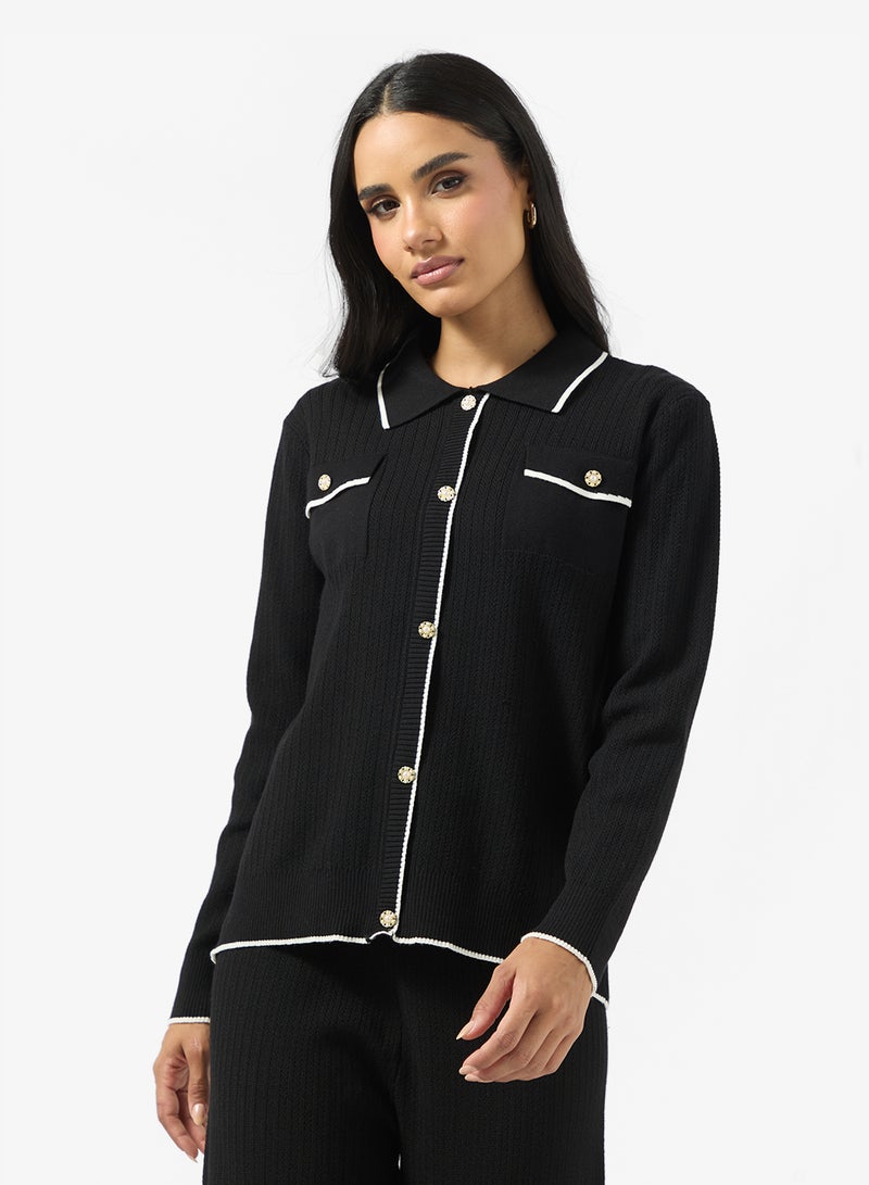 Ginger Contrast Trim Detail Cardigan & Pant Set - Image 3