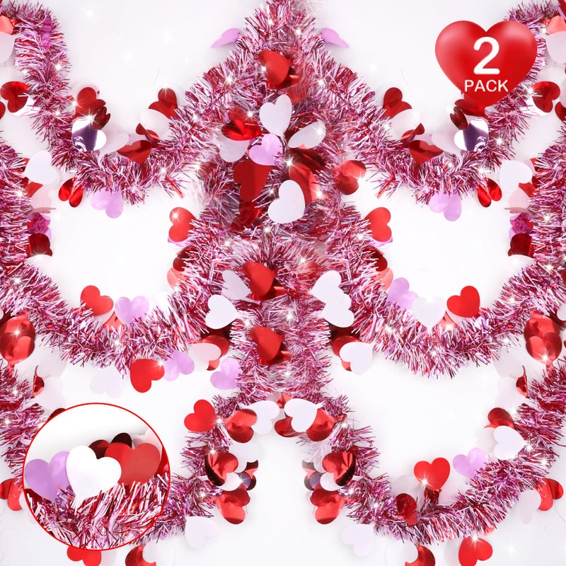 Sakayo Valentines Day Decor, Total 66 Ft 2 Strings Valentines Heart Tinsel Garland Red Pink White Metallic Hanging Garland Valentine's Day Decorations for Home Indoor Outdoor Mantel Table Wedding Party Decor - Image 1