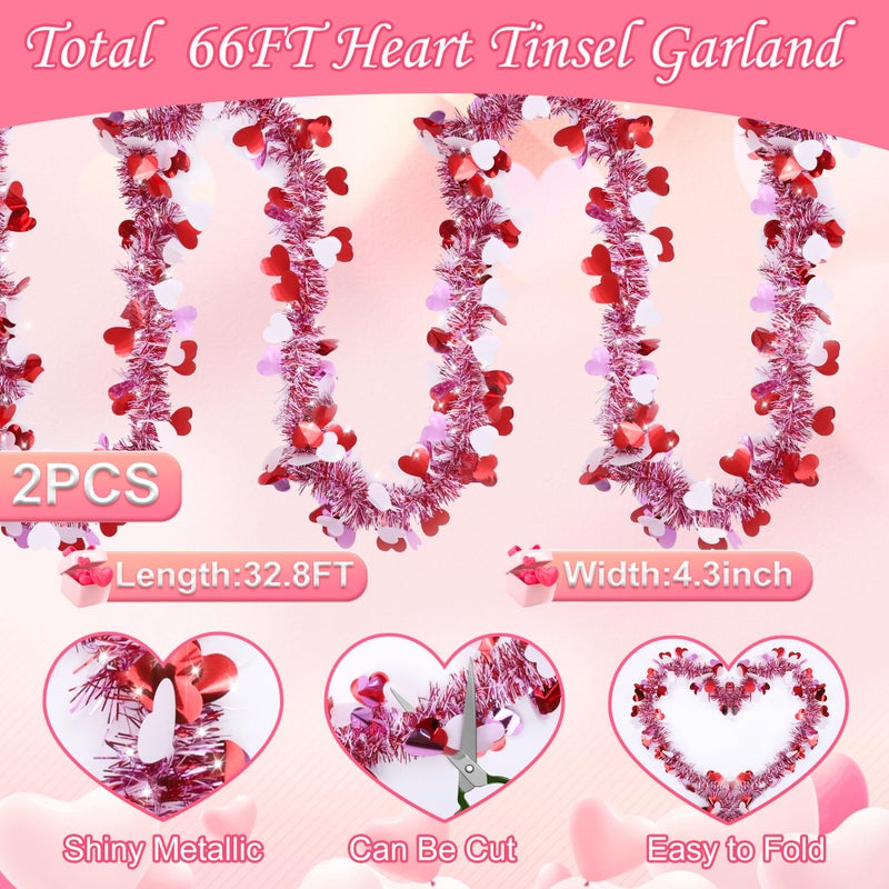 Sakayo Valentines Day Decor, Total 66 Ft 2 Strings Valentines Heart Tinsel Garland Red Pink White Metallic Hanging Garland Valentine's Day Decorations for Home Indoor Outdoor Mantel Table Wedding Party Decor - Image 2