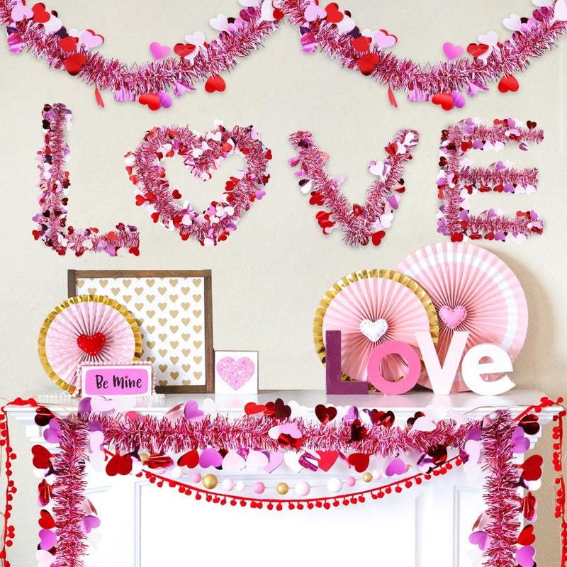 Sakayo Valentines Day Decor, Total 66 Ft 2 Strings Valentines Heart Tinsel Garland Red Pink White Metallic Hanging Garland Valentine's Day Decorations for Home Indoor Outdoor Mantel Table Wedding Party Decor - Image 3