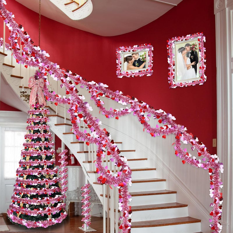 Sakayo Valentines Day Decor, Total 66 Ft 2 Strings Valentines Heart Tinsel Garland Red Pink White Metallic Hanging Garland Valentine's Day Decorations for Home Indoor Outdoor Mantel Table Wedding Party Decor - Image 4