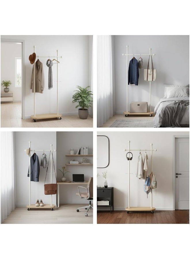 Alissa 80cm Metal Coat Rack Freestanding, Coat Rack Stand with Wheels, Clothes Rack for Entryway Hallway, Office or Bedroom, Can Hang Clothes, Hat, Scarf (White + Wood Color Board) - Image 3