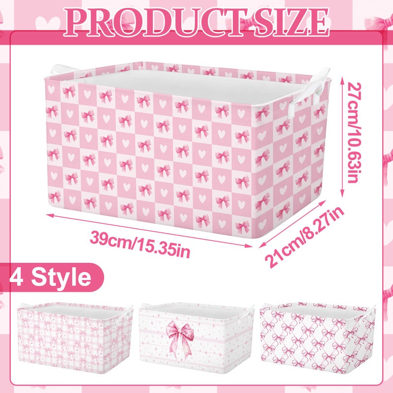 Bulyoou 4 Pcs Pink Bow Storage Basket for Gifts Collapsible Girls Coqutte Pink Storage Bins with Handle Cute Preppy Foldable Laundry Organizer for Home Bathroom Bedrooms Baby Clothes Toys Books - Image 2