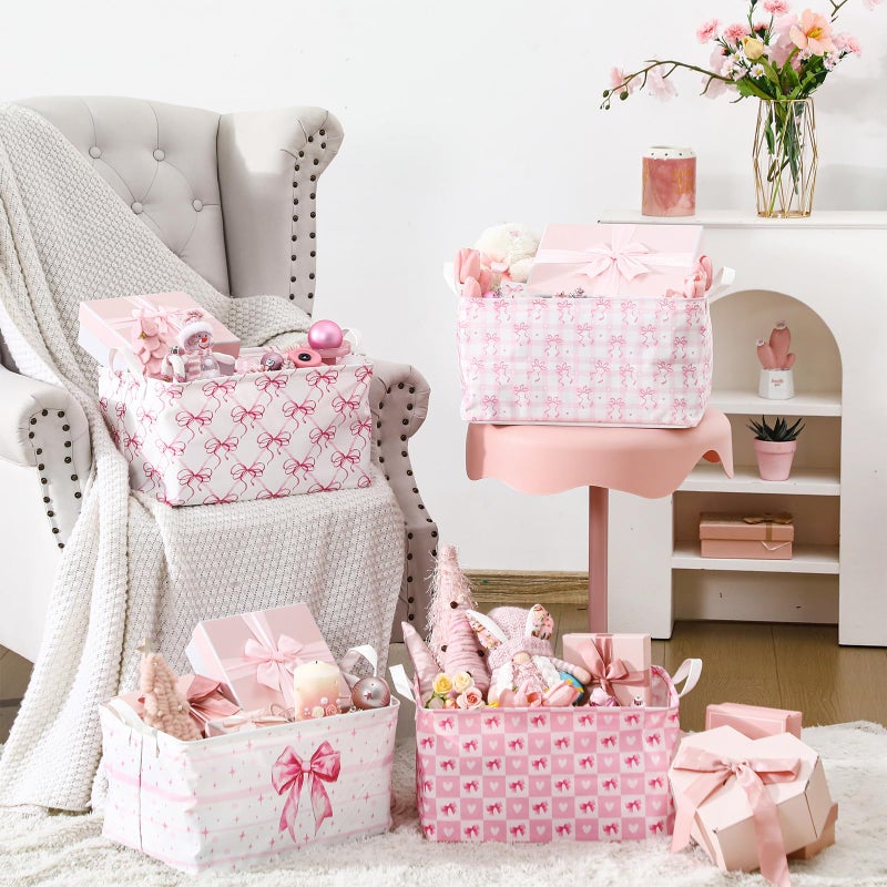 Bulyoou 4 Pcs Pink Bow Storage Basket for Gifts Collapsible Girls Coqutte Pink Storage Bins with Handle Cute Preppy Foldable Laundry Organizer for Home Bathroom Bedrooms Baby Clothes Toys Books - Image 5