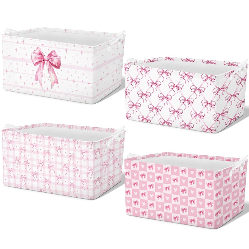 Bulyoou 4 Pcs Pink Bow Storage Basket for Gifts Collapsible Girls Coqutte Pink Storage Bins with Handle Cute Preppy Foldable Laundry Organizer for Home Bathroom Bedrooms Baby Clothes Toys Books - Image 1