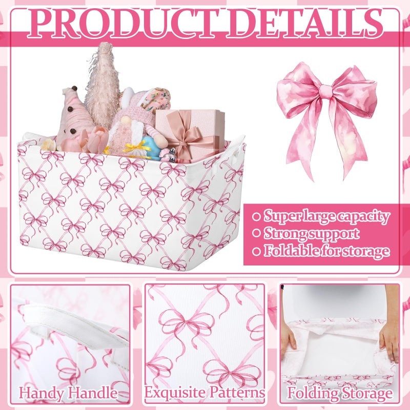 Bulyoou 4 Pcs Pink Bow Storage Basket for Gifts Collapsible Girls Coqutte Pink Storage Bins with Handle Cute Preppy Foldable Laundry Organizer for Home Bathroom Bedrooms Baby Clothes Toys Books - Image 3