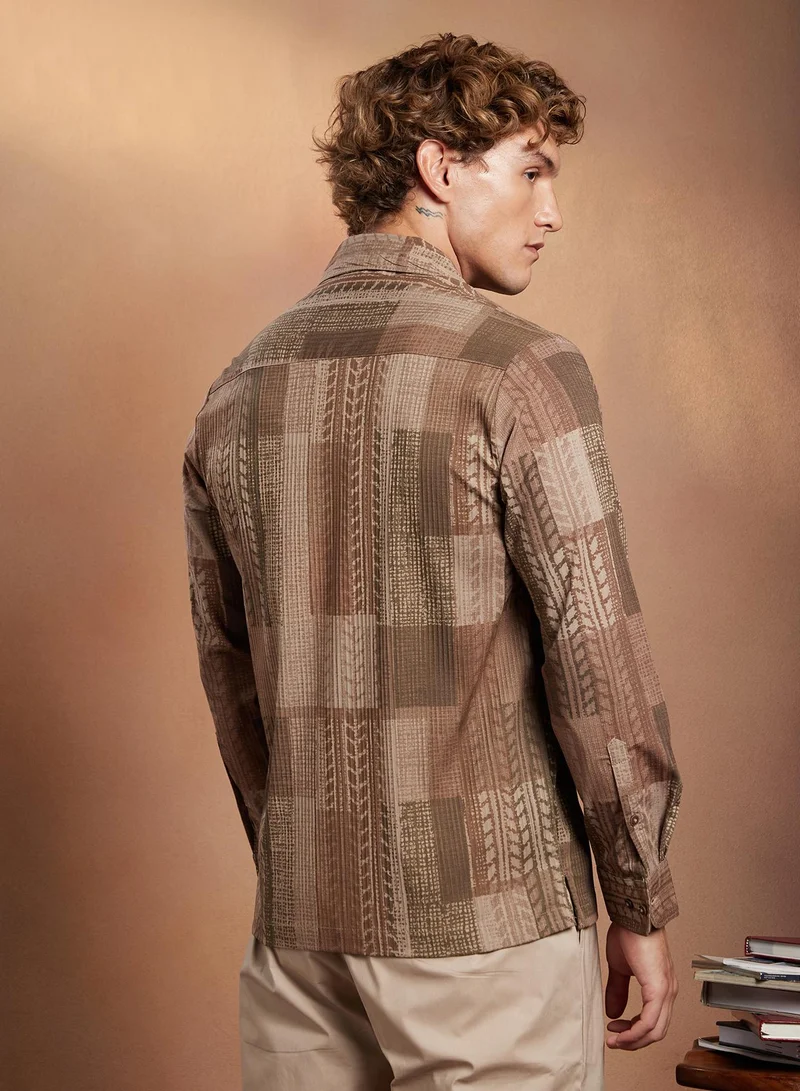Campus Sutra Campus Sutra Men's Mocha Brown Indie-Tribal Shirt For Casual Wear | Spread Collar | Long Cuffed Sleeves | Button Closure | Shirt Crafted With Comfort Fit For Everyday Wear