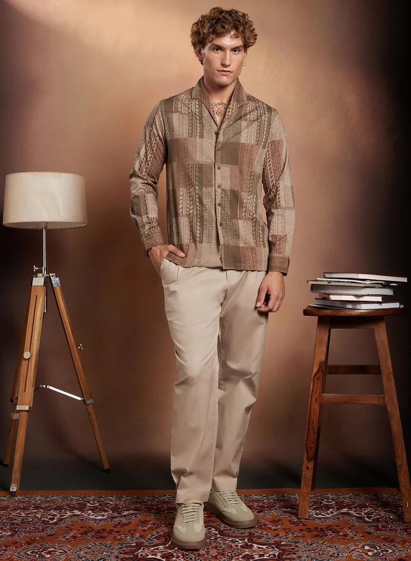 Campus Sutra Campus Sutra Men's Mocha Brown Indie-Tribal Shirt For Casual Wear | Spread Collar | Long Cuffed Sleeves | Button Closure | Shirt Crafted With Comfort Fit For Everyday Wear