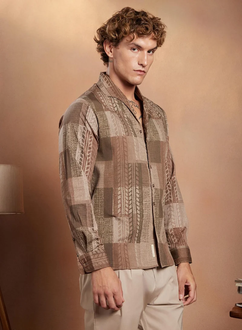 Campus Sutra Campus Sutra Men's Mocha Brown Indie-Tribal Shirt For Casual Wear | Spread Collar | Long Cuffed Sleeves | Button Closure | Shirt Crafted With Comfort Fit For Everyday Wear