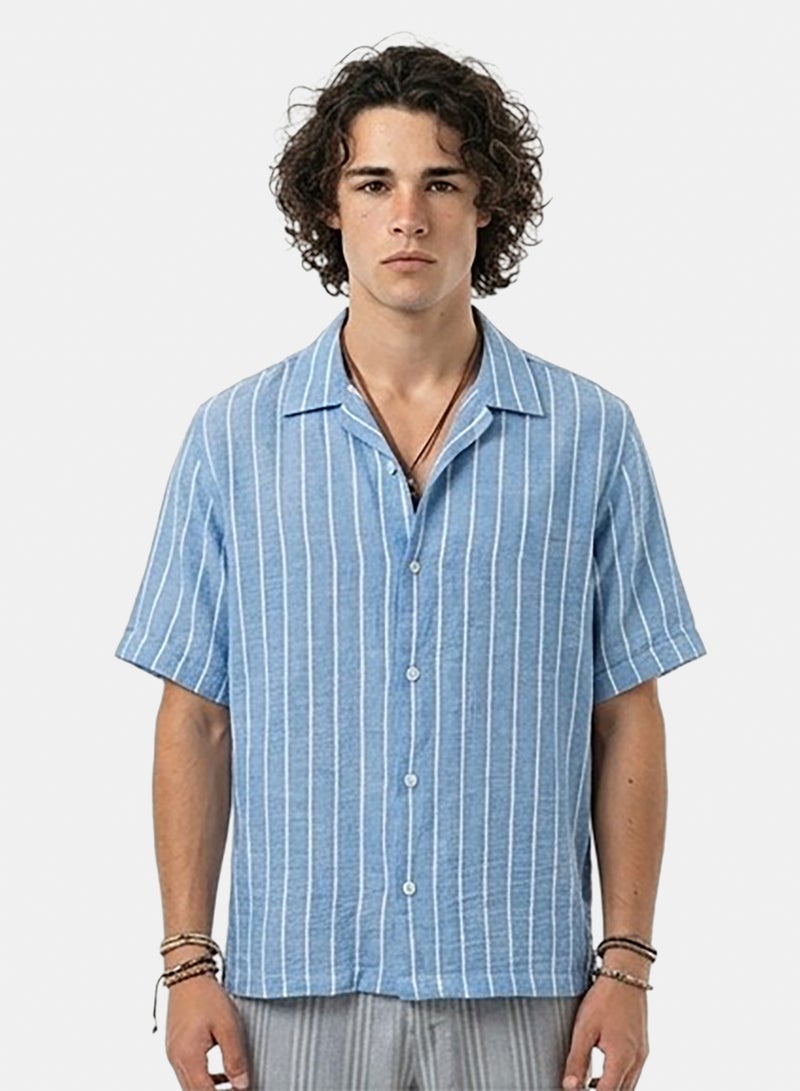 RAVIN Men Blue Striped Relaxed Fit Camp Collar Short Sleeve Shirt - Image 1