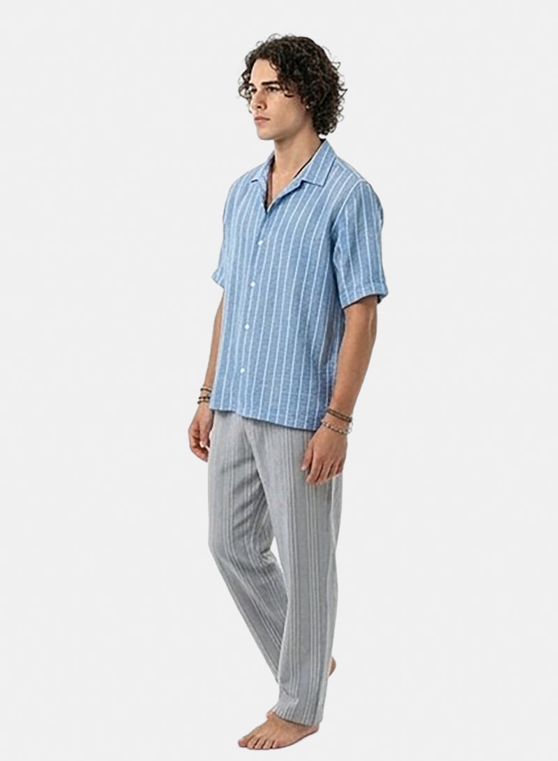 RAVIN Men Blue Striped Relaxed Fit Camp Collar Short Sleeve Shirt - Image 4