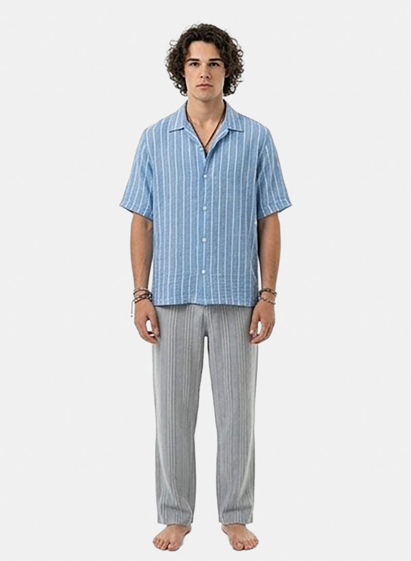 RAVIN Men Blue Striped Relaxed Fit Camp Collar Short Sleeve Shirt - Image 3
