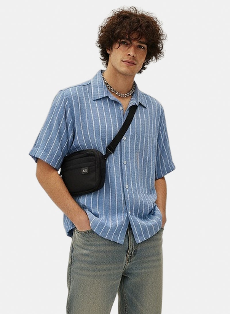 RAVIN Men Blue Striped Relaxed Fit Camp Collar Short Sleeve Shirt - Image 5